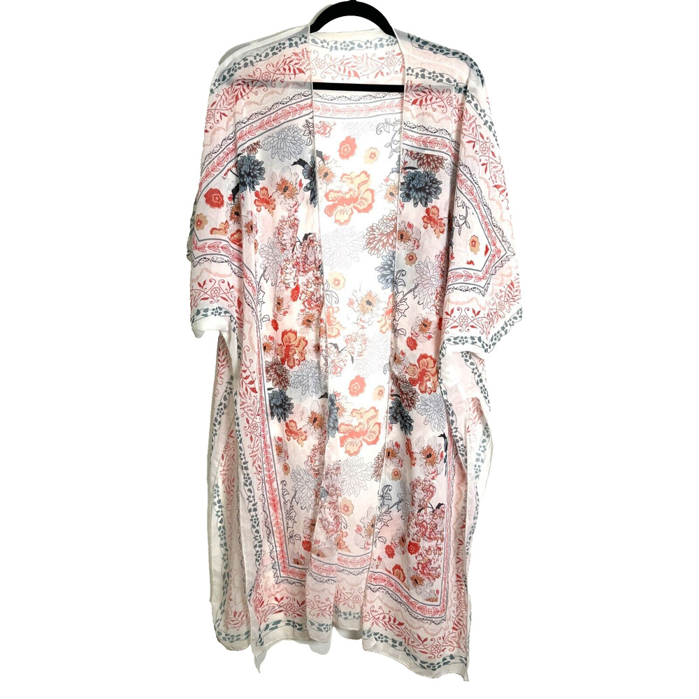 Boutique Kimono Womens Medium Floral Short Sleeve Bohemian Feminine Sheer Flowy